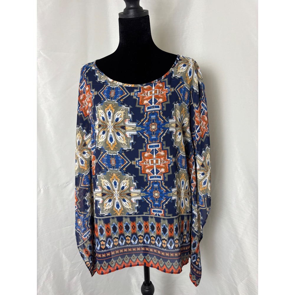 Ariat Women XS Geometric Print Sheer Chiffon Poncho Blouse Navy Orange Boho Top
